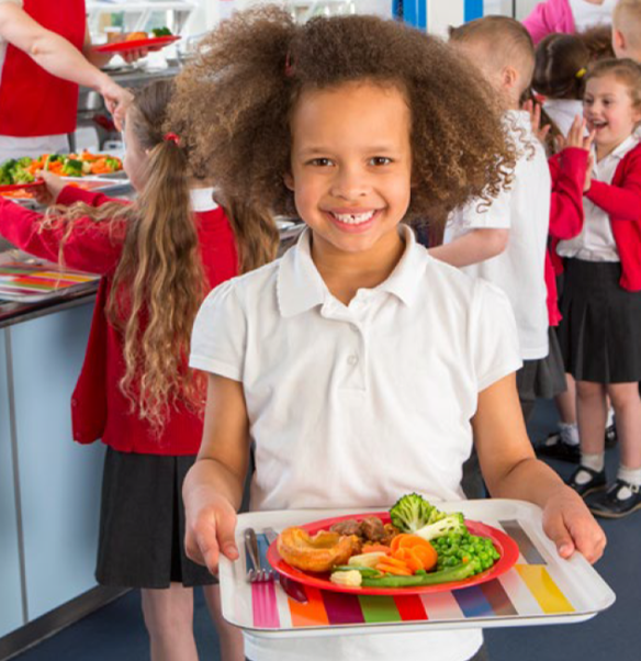 child holding tray with school dinner on top