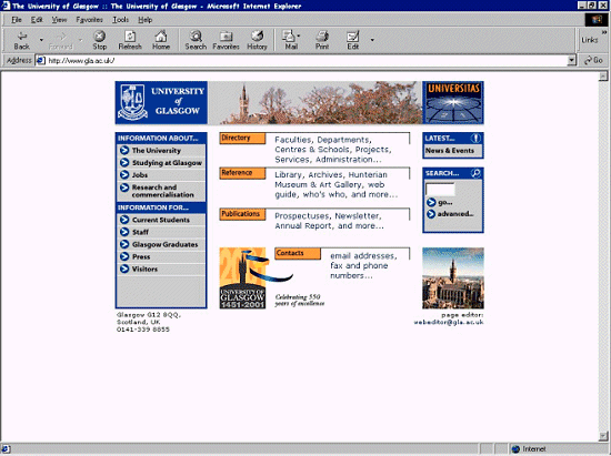 Glasgow University Web site viewed with Internet Explorer 5