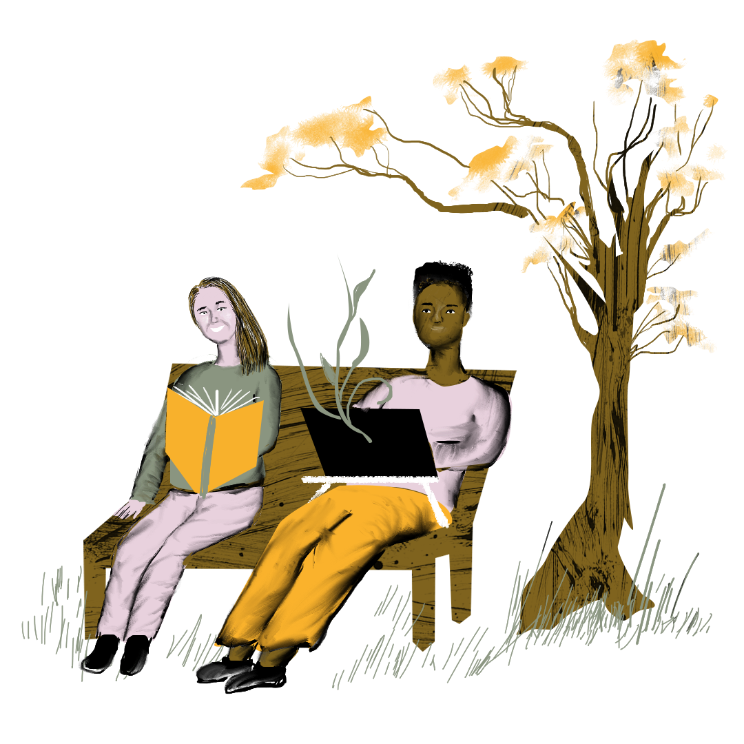 Illustration by Tomekah George No 2: Two people sitting under a tree, one reading a book, the other using a laptop.