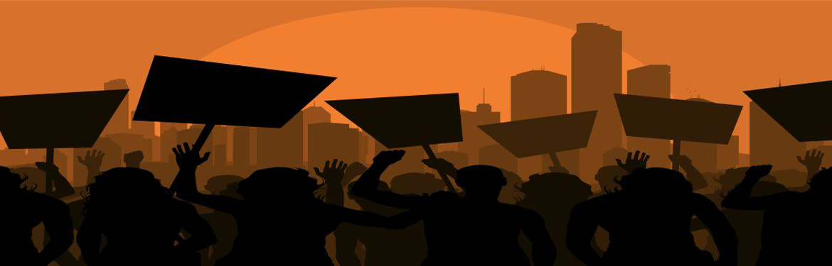 silhouette of protesters against an orange background