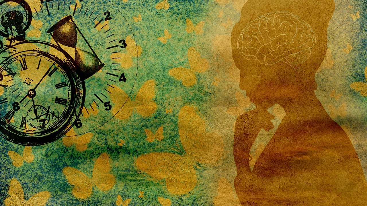 Artwork of the silhouette of a person with a detailed brain on the right and a stopwatch and timer to the left against a background of butterflies