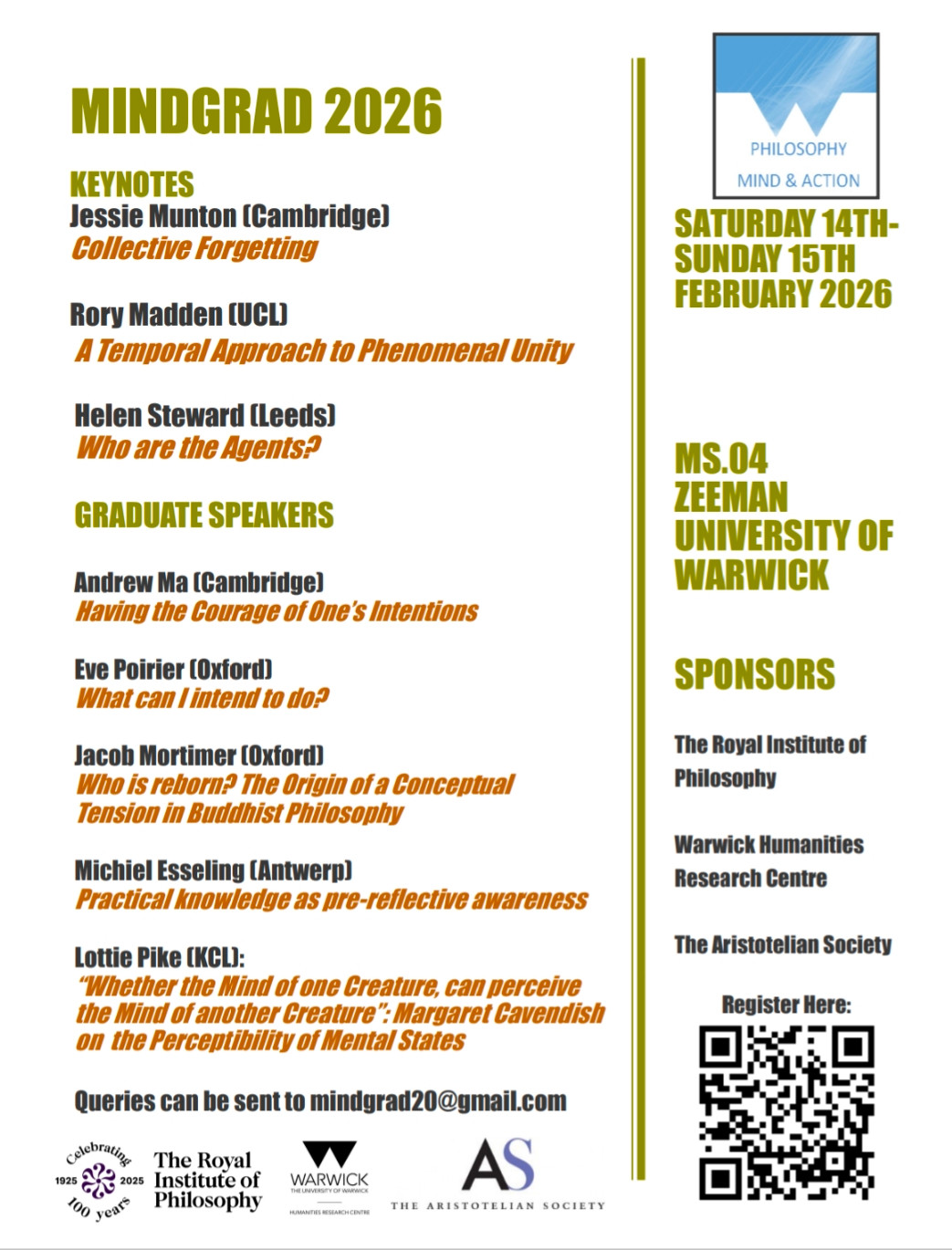 Poster for MindGrad 2026 with speakers' names