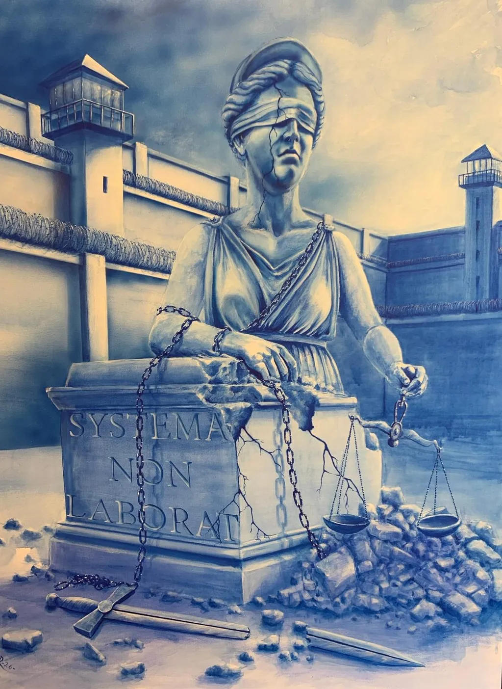 Blue and white painting of Lady Justice in collapse