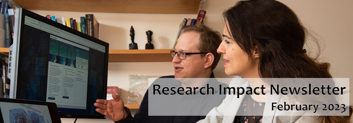 Research impact newsletter January 2023 with a background of two people talking and  sitting at a desk looking towards a computer and laptop screen 