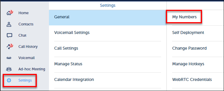 Click Settings followed by My Numbers