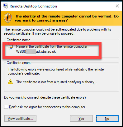 You can safely ignore this certificate warning provided the name of the on the certificate matches your office computer