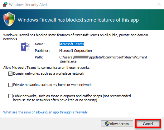 If you receive a firewall warning click Cancel. All will continue to work correctly.