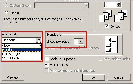 in PowerPoint select number of slides per page