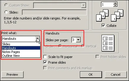 in PowerPoint select number of slides per page