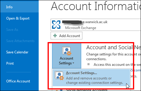 Click File Account Settings and then select Account Settings