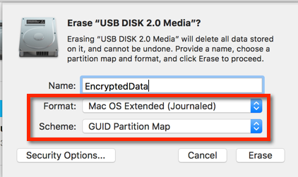 Select Mac OS Extended Journaled and GUID Partition Map