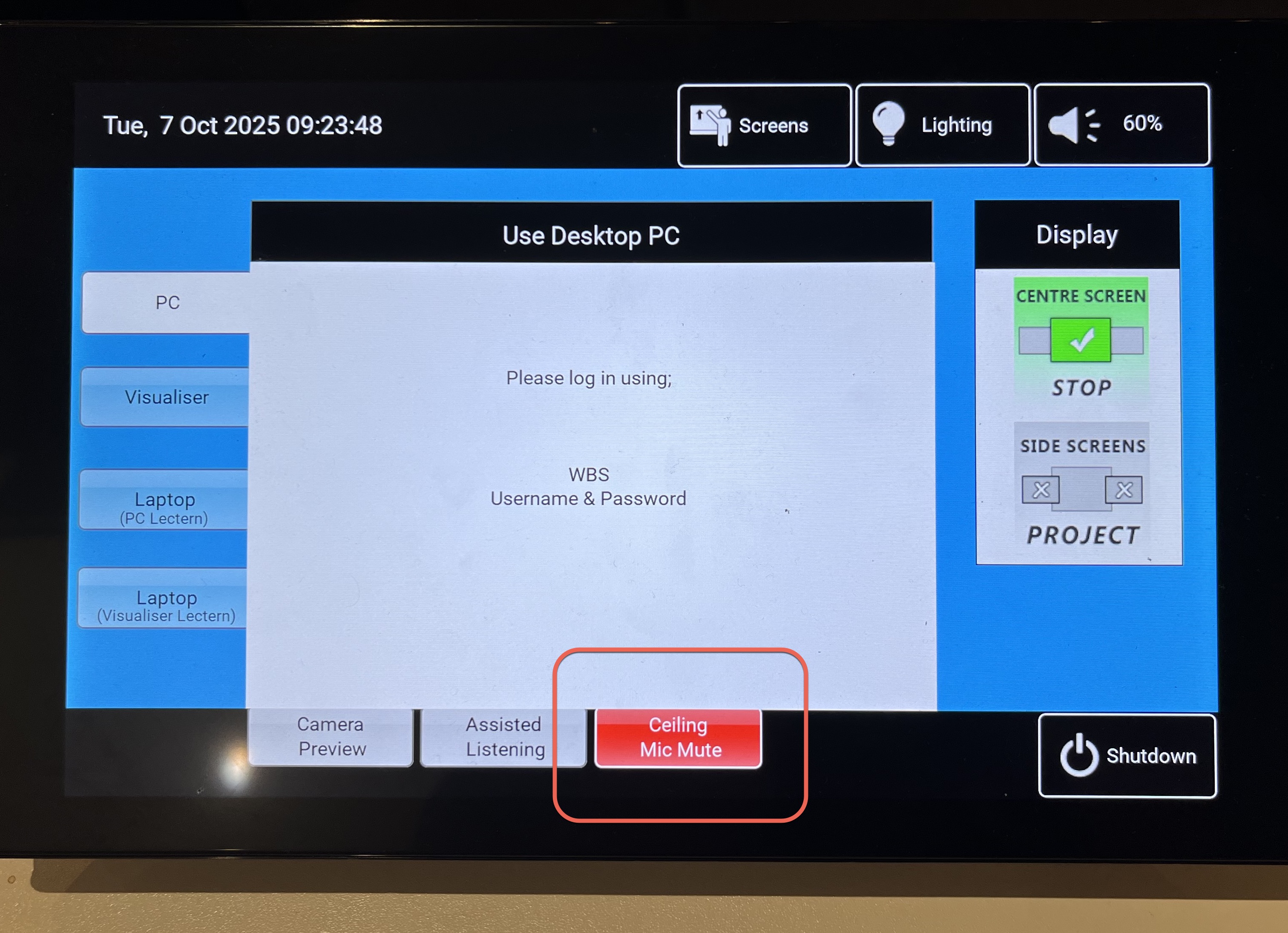 Touch Panel ceiling microphone button