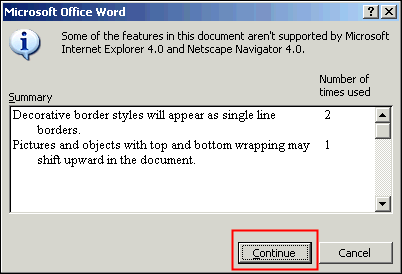 Warning about formatting that will be lost