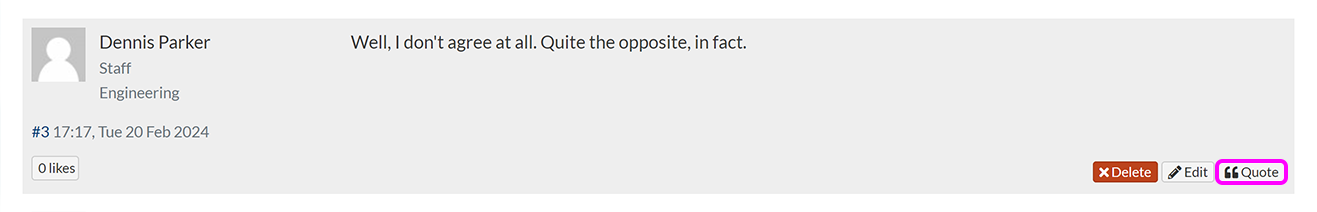 An existing forum post with the 'Quote' button highlighted
