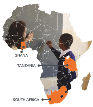 map of Africa showing Ghana, Tanzania and South Africa