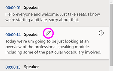 The 'Transcribe' pane with the 'Edit transcript section' pencil button highlighted