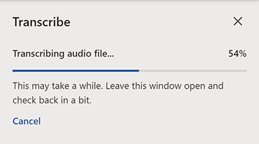 The 'Transcribe' pane while a file is being uploaded and transcribed