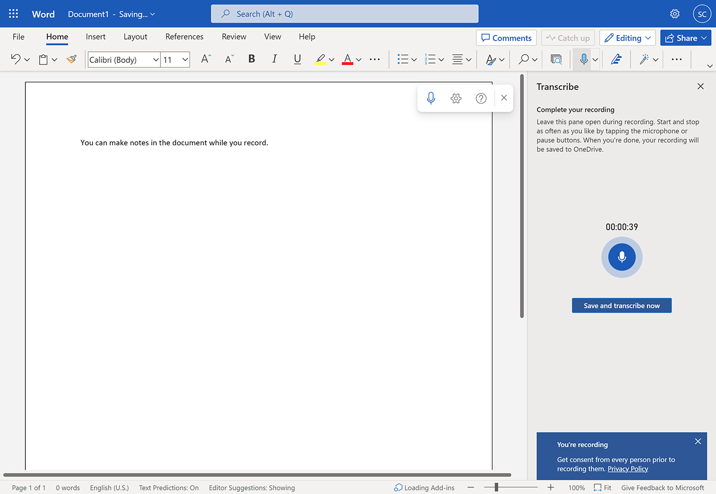 The 'Transcribe' pane while making a recording
