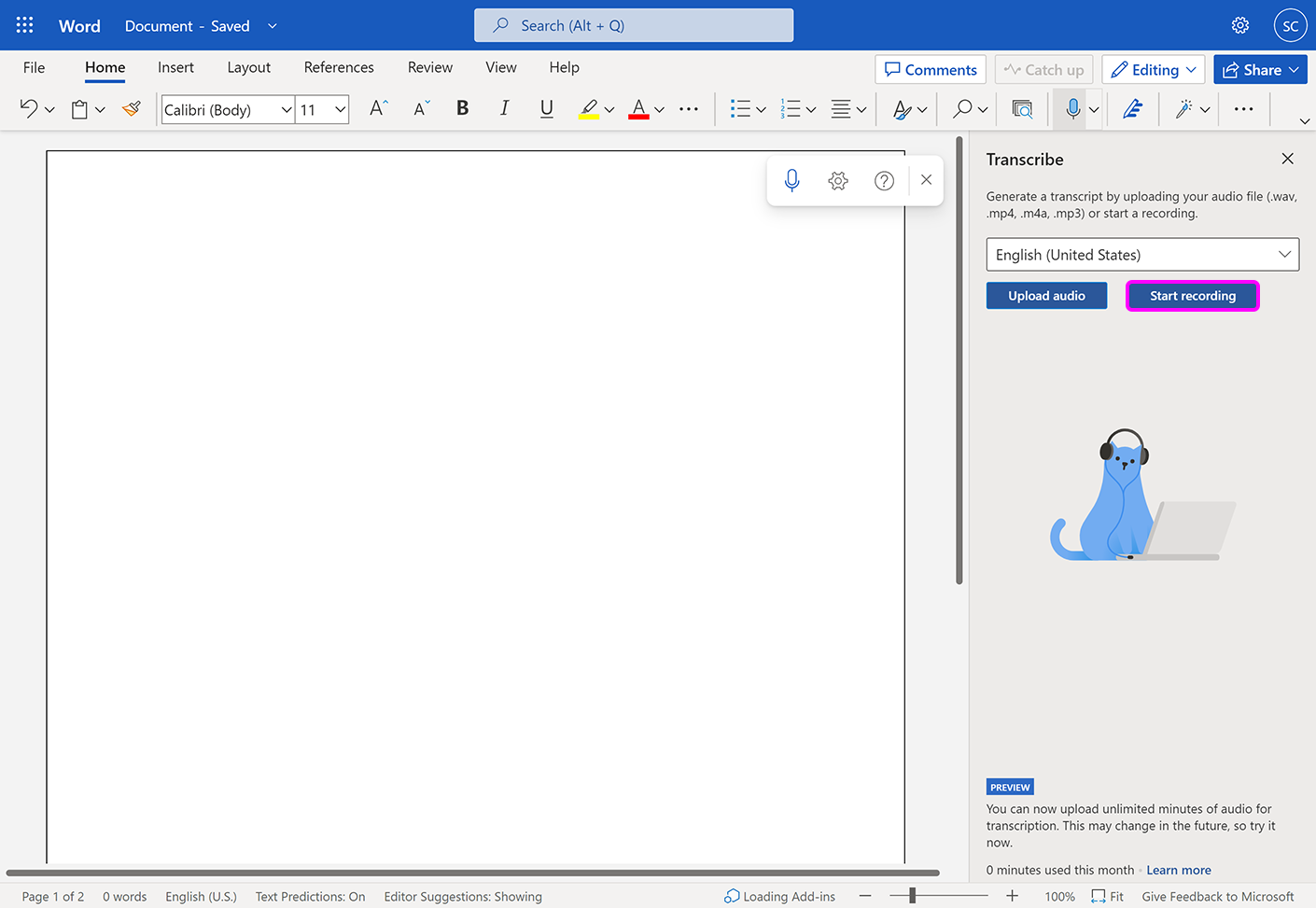 The 'Transcribe' pane, with the option to 'Start recording' highlighted