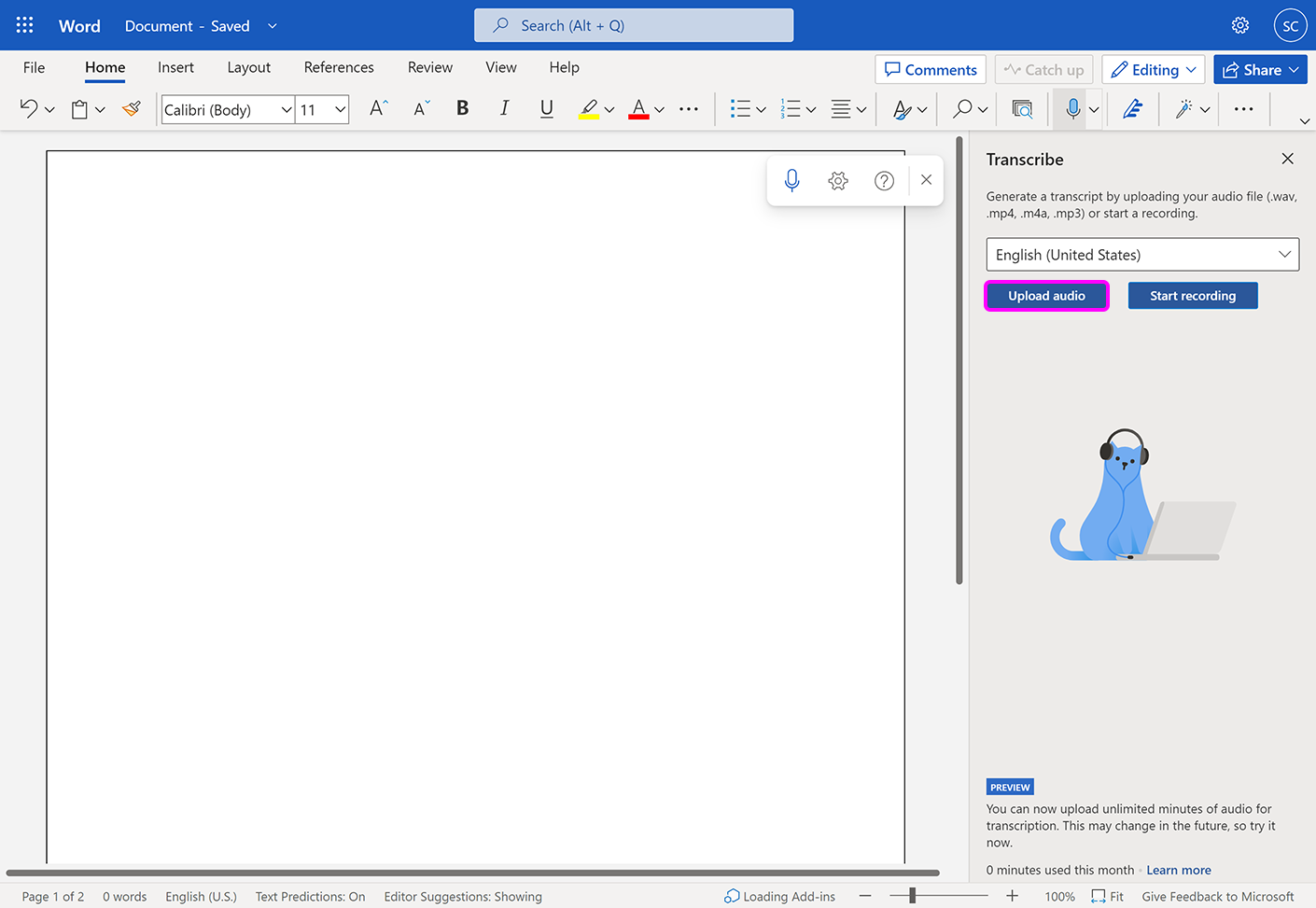 The 'Transcribe' pane, with the 'Upload audio' button highlighted