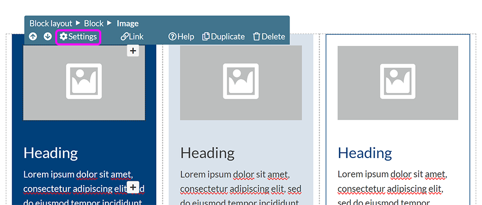 A layout block with a placeholder image selected, and the 'Settings' option highlighted