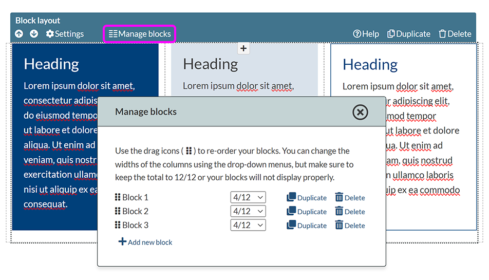 The 'Manage blocks' pop-up, showing the settings for three columns of unequal width