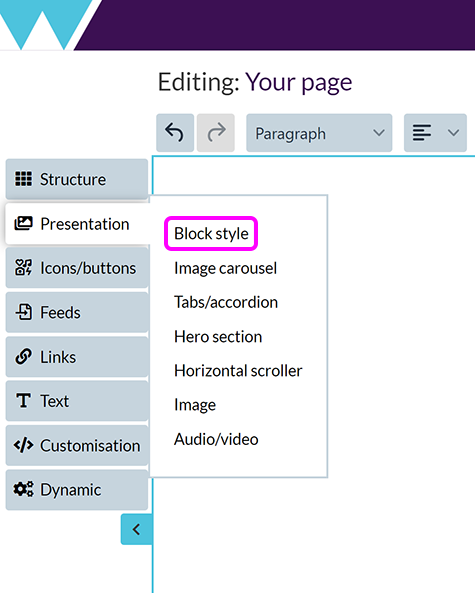 The 'Add text& formatting' menu, with the 'Block style' option highlighted