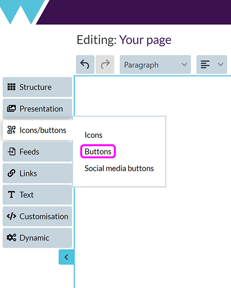 The 'Icons/buttons' menu with the 'Buttons' option highlighted
