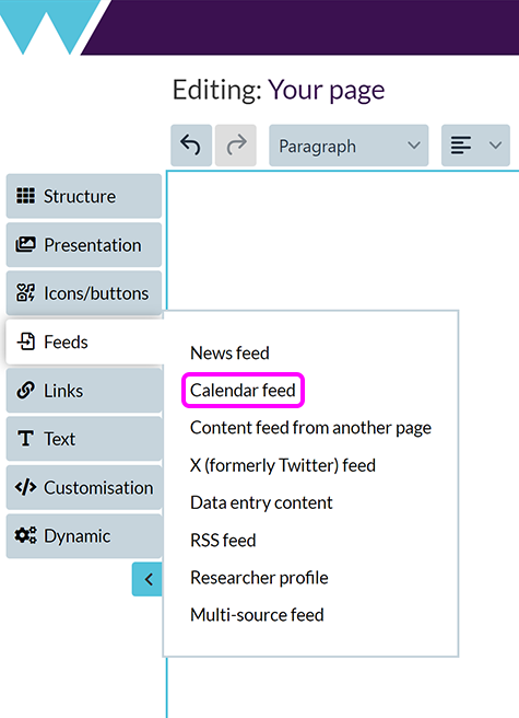 The 'Add content feeds' menu in the Components Editor, with the 'Calendar feed' option highlighted