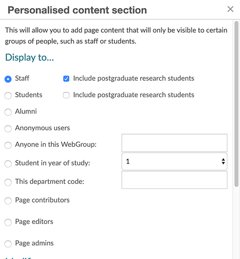 The personalised content section window in the old visual editor
