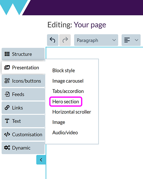 The 'Presentation' menu, with the 'Hero section' option highlighted