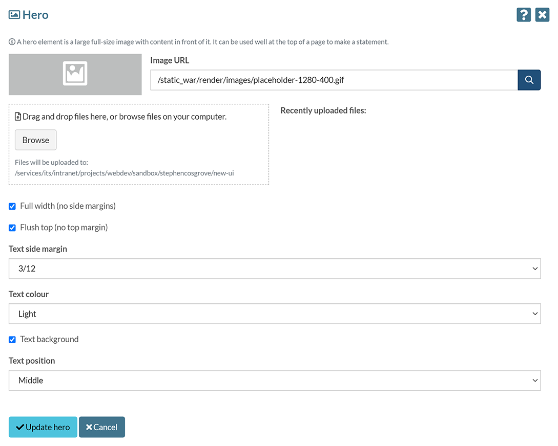 The 'Hero' pop-up, showing the available options for a hero section