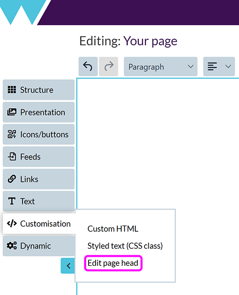 The 'Edit page head' menu option