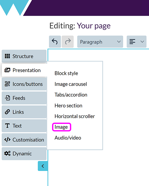 The 'Add images/media' menu in the Components Editor, with the 'Image' option highlighted