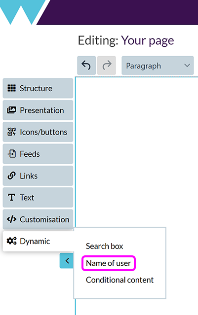 The 'Add special features' menu in the Components Editor, with the 'Name of user' option highlighted