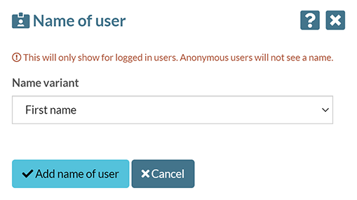 The 'Name of user' pop-up