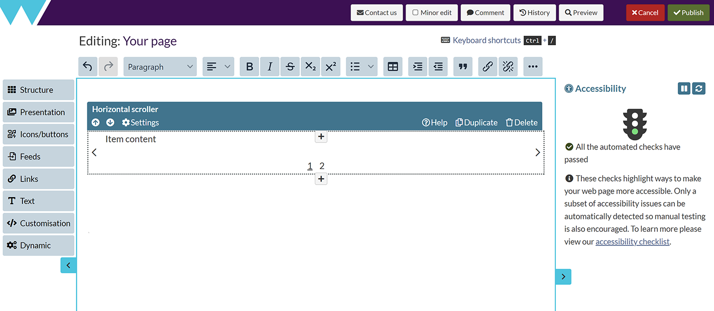 The horizontal scroller component in the Components Editor