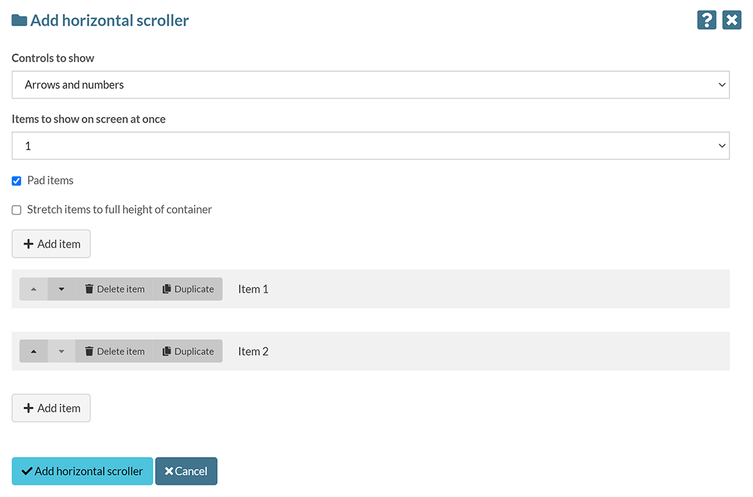 The 'Add horizontal scroller' pop-up