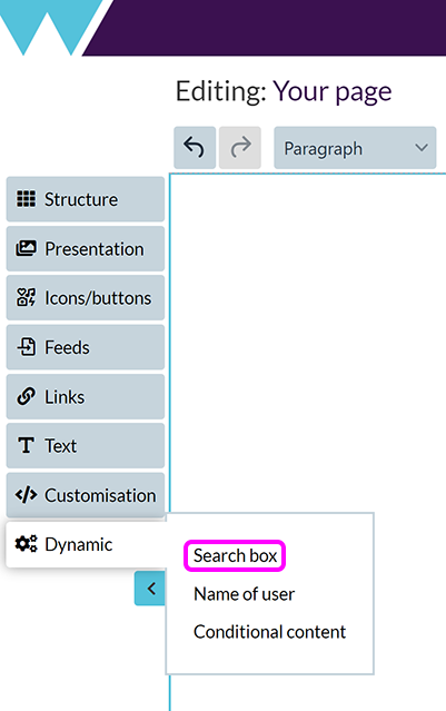 The 'Add special features' menu in the Components Editor, with the 'Search box' option highlighted