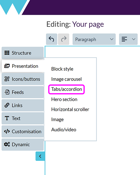 The 'Add special features' menu in the Components Editor, with the 'Tabs/accordion' option highlighted