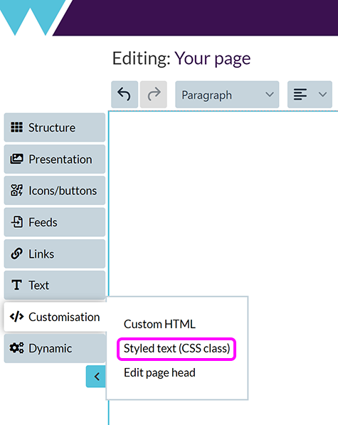 The 'Customisation' menu in the Components Editor, with the 'Styled text (CSS class)' option highlighted