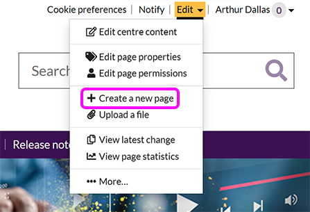 The SiteBuilder 'Edit' menu, with the 'Create a new page' option highlighted