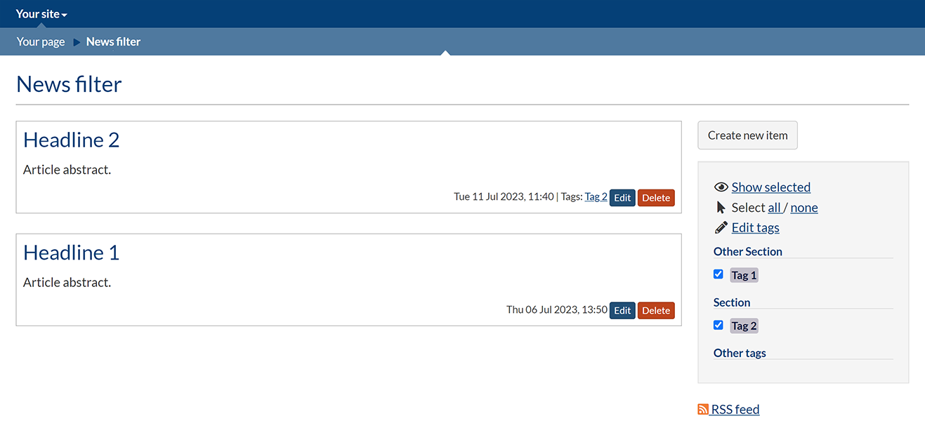 A news filter page in list format
