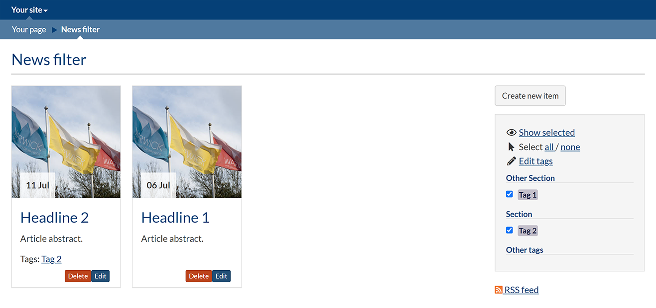 A news filter page in tiles format