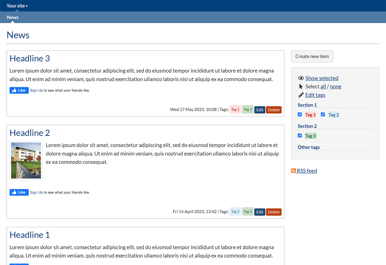An example of a SiteBuilder news page in List view