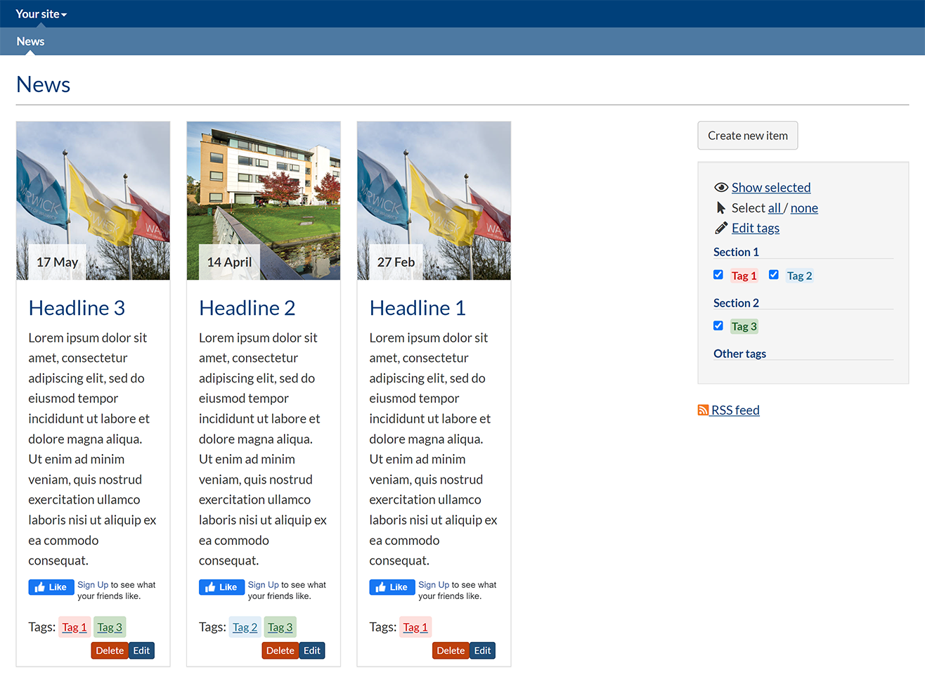 A news page with the Display format set to 'Tiles'