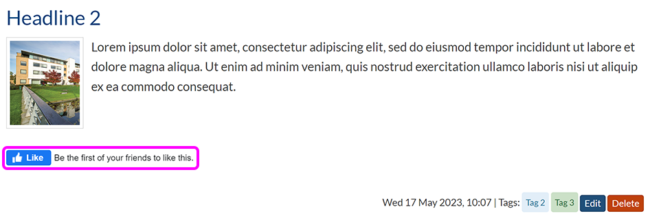 A news page entry with the Facebook 'like' button highlighted