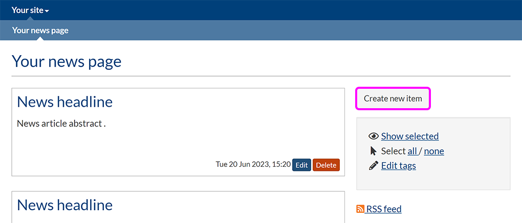 A news page in List view, with the 'Create new item' button highlighted
