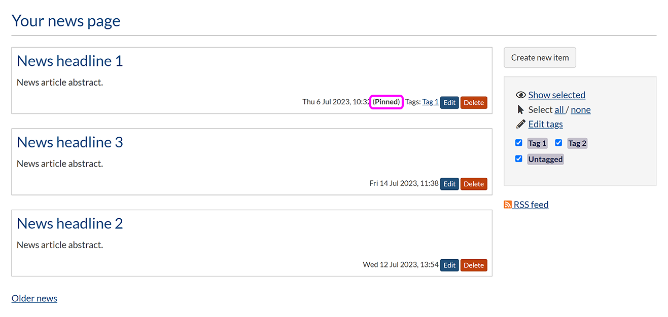 A news page with a pinned item at the top. The 'Pinned' label is highlighted