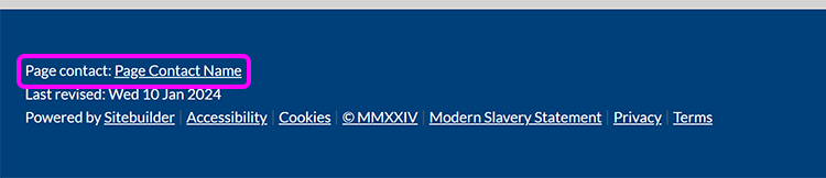 The 'Page contact' link in a SiteBuilder page footer